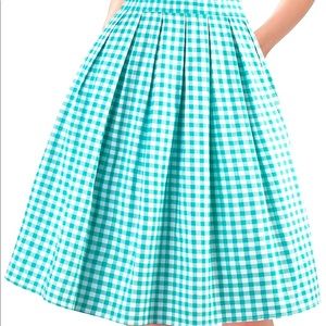 Turquoise plaid A Line pleated skirt with pockets